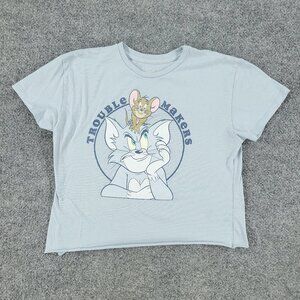 Tom And Jerry Shirt Women's Medium Blue Troublemakers Crop Graphic Short Sleeve